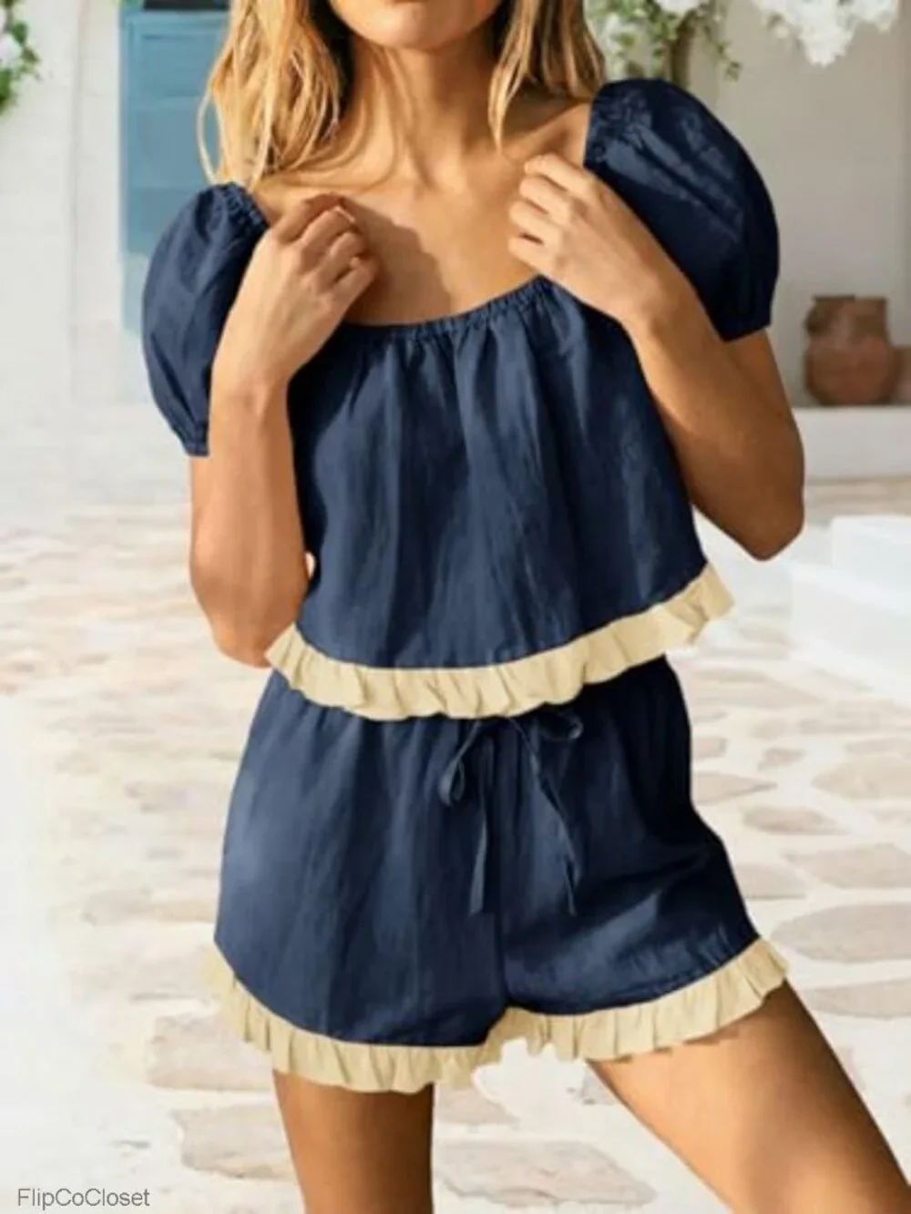 Women's Cotton 2 Piece Short Set Puff Sleeve Square Neck Summer Matching Outfit